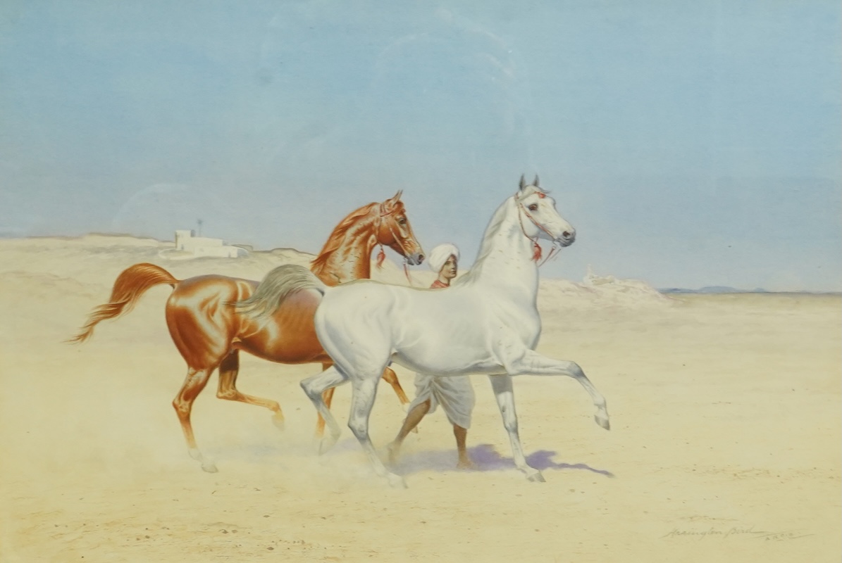 John Alexander Harrington Bird (English, 1846-1936), Groom leading two Arabian horses, buildings beyond, watercolour and pencil, 37 x 55cm